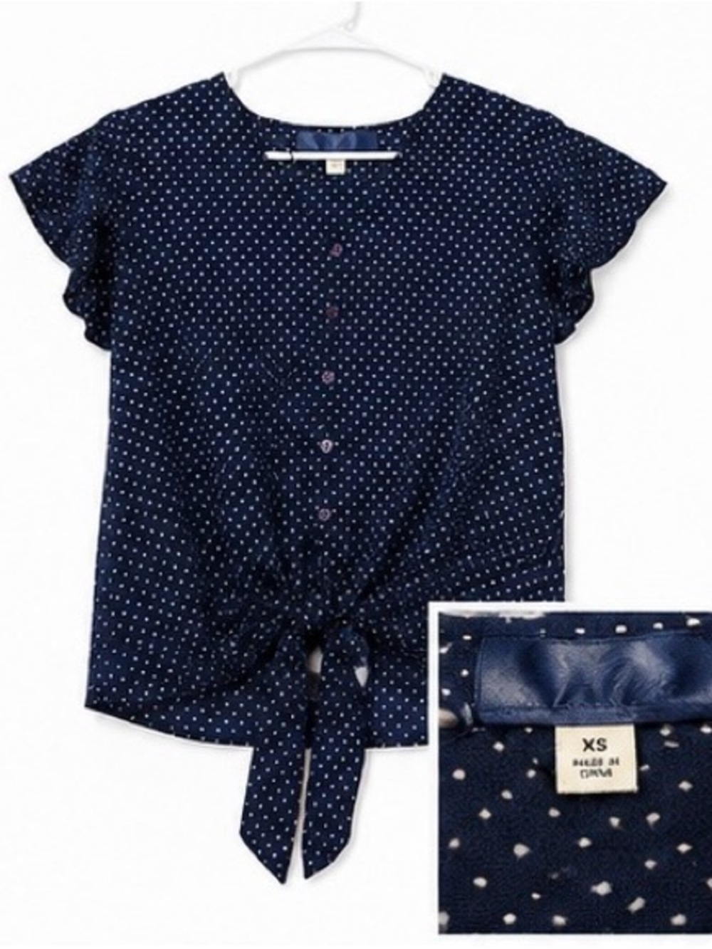 Navy Polka Dot Tie-Front Women's Top - Picture 2 of 2